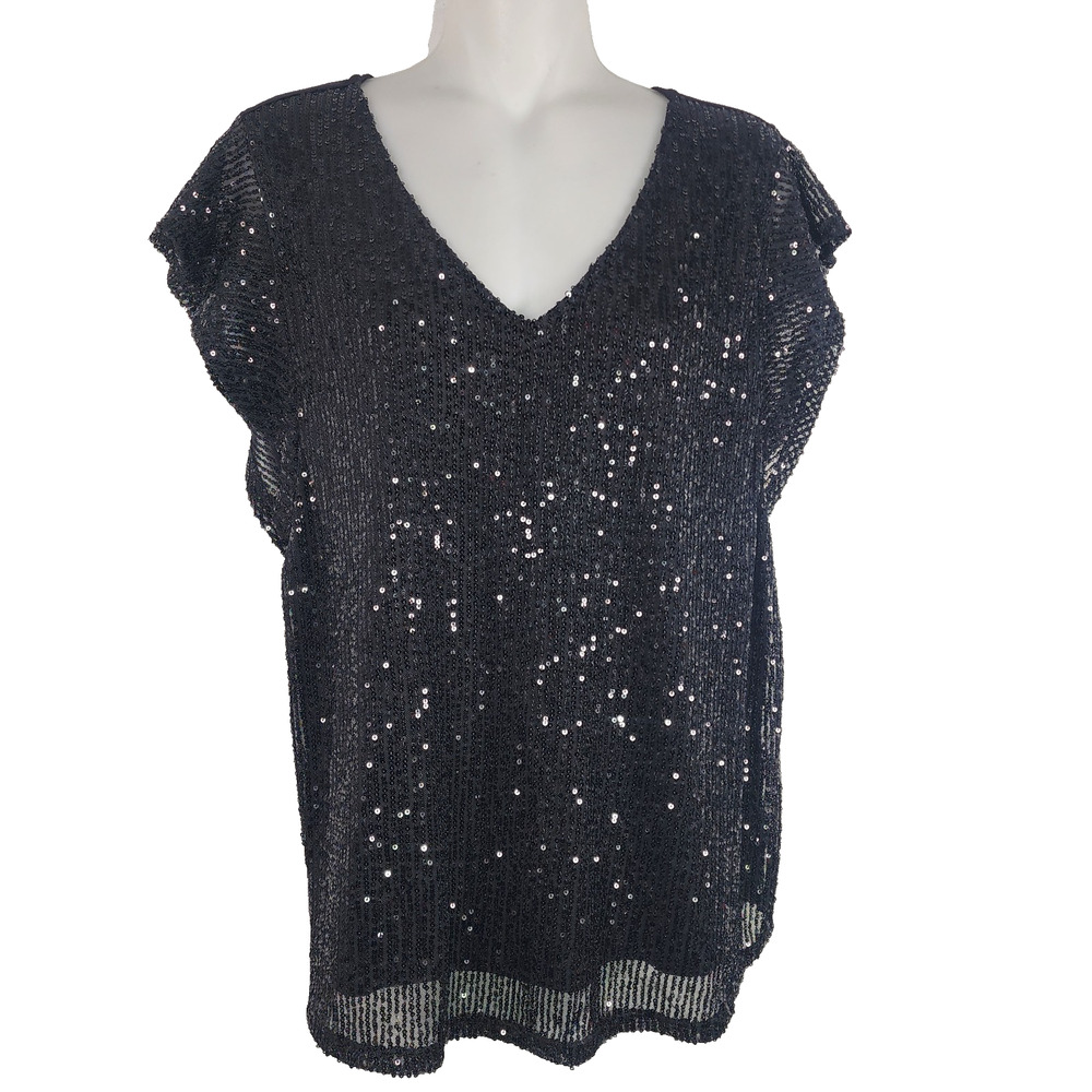 Maurices Womens Sequin Short Flutter Sleeve Top Medium Black Knit Back V Neck